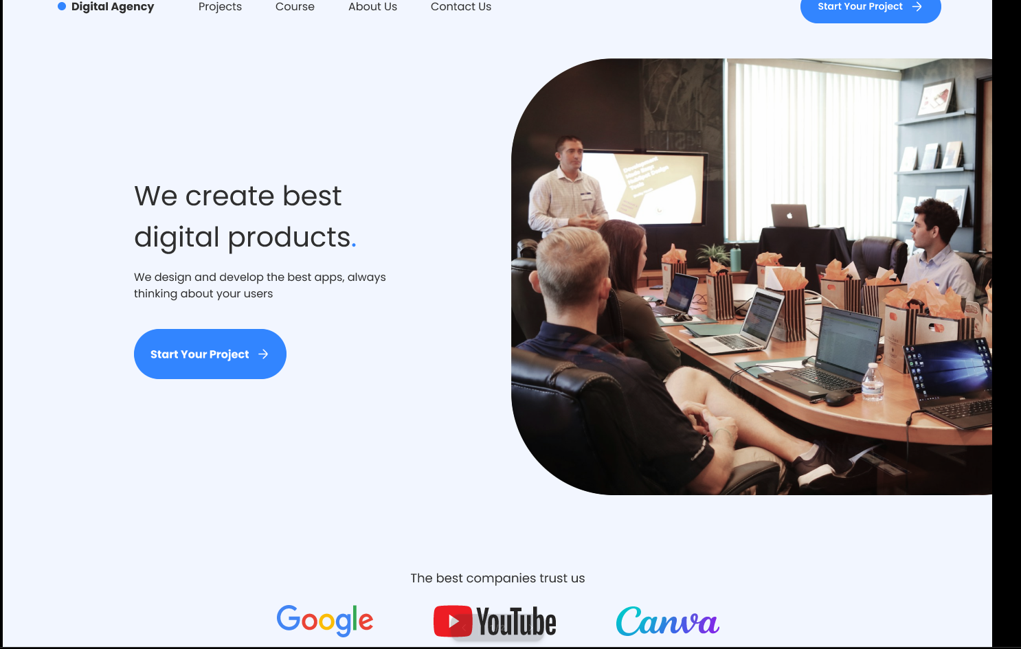 Digital Agency landing page hero with headline and team photo