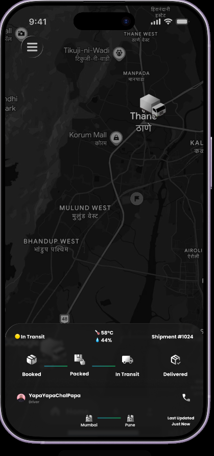 ShipSense driver app showing live shipment tracking on a map