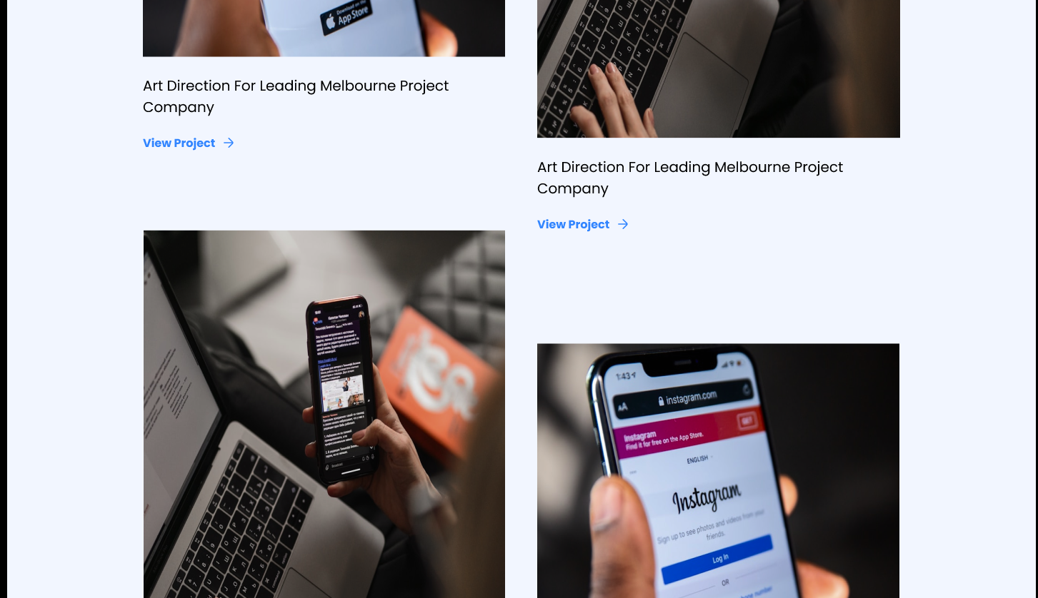 Agency portfolio grid showing project cards with photos and 'View Project' links
